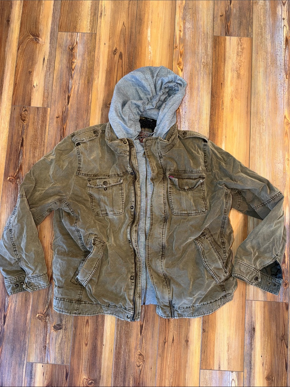 Levi's olive green hooded utility field jacket with a gray jersey hood mens